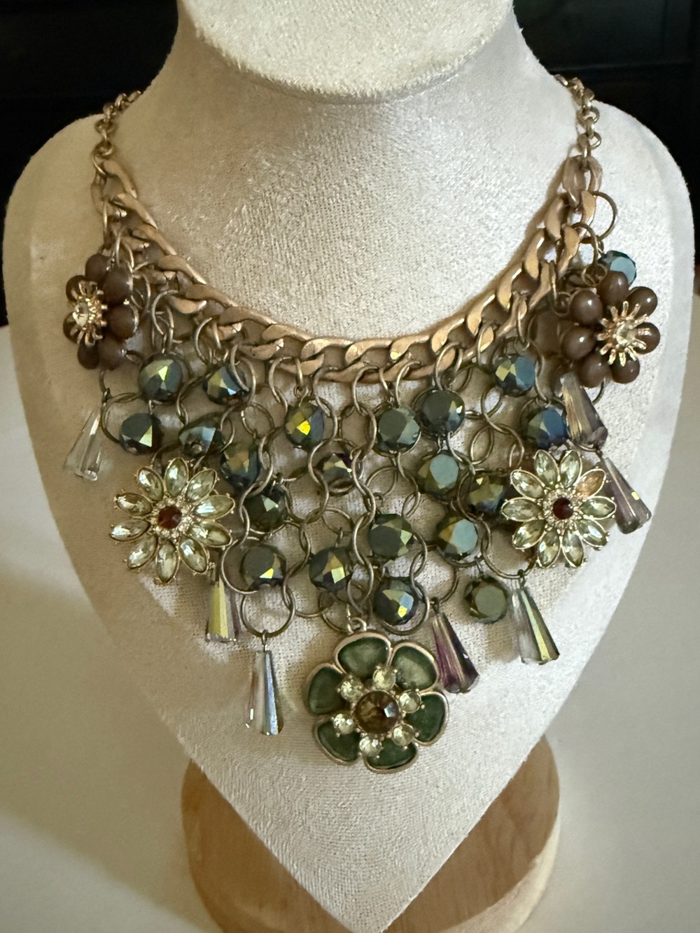 Earth Tone Floral Daisy Rhinestone Statement Bib Necklace Whimsical Goblincore